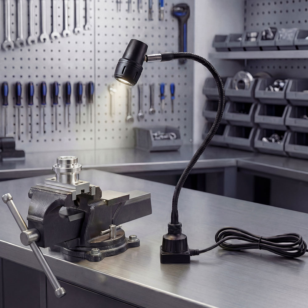 Workshop Light Mini on a steel workbench beside a vice