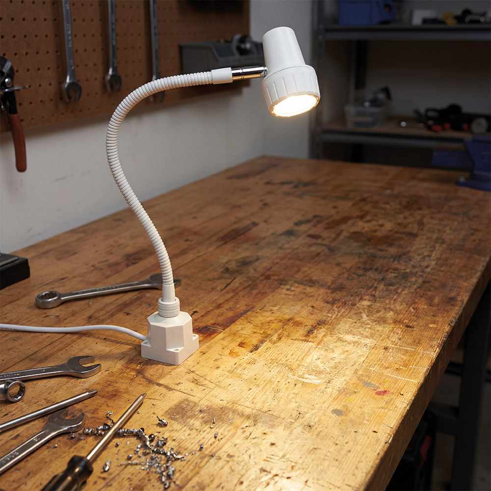 Workshop Light Focus in white, screwed to a wooden workbench