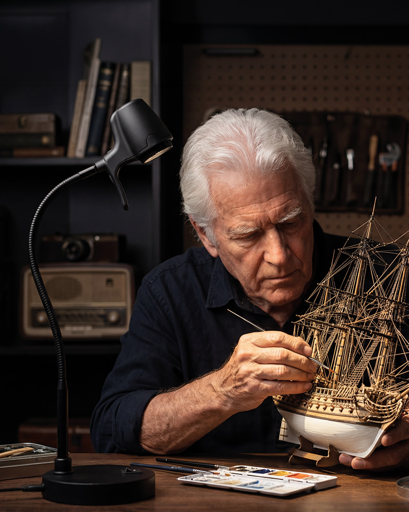 Craftsman working on intricate model under Serious Light in warm workshop setting