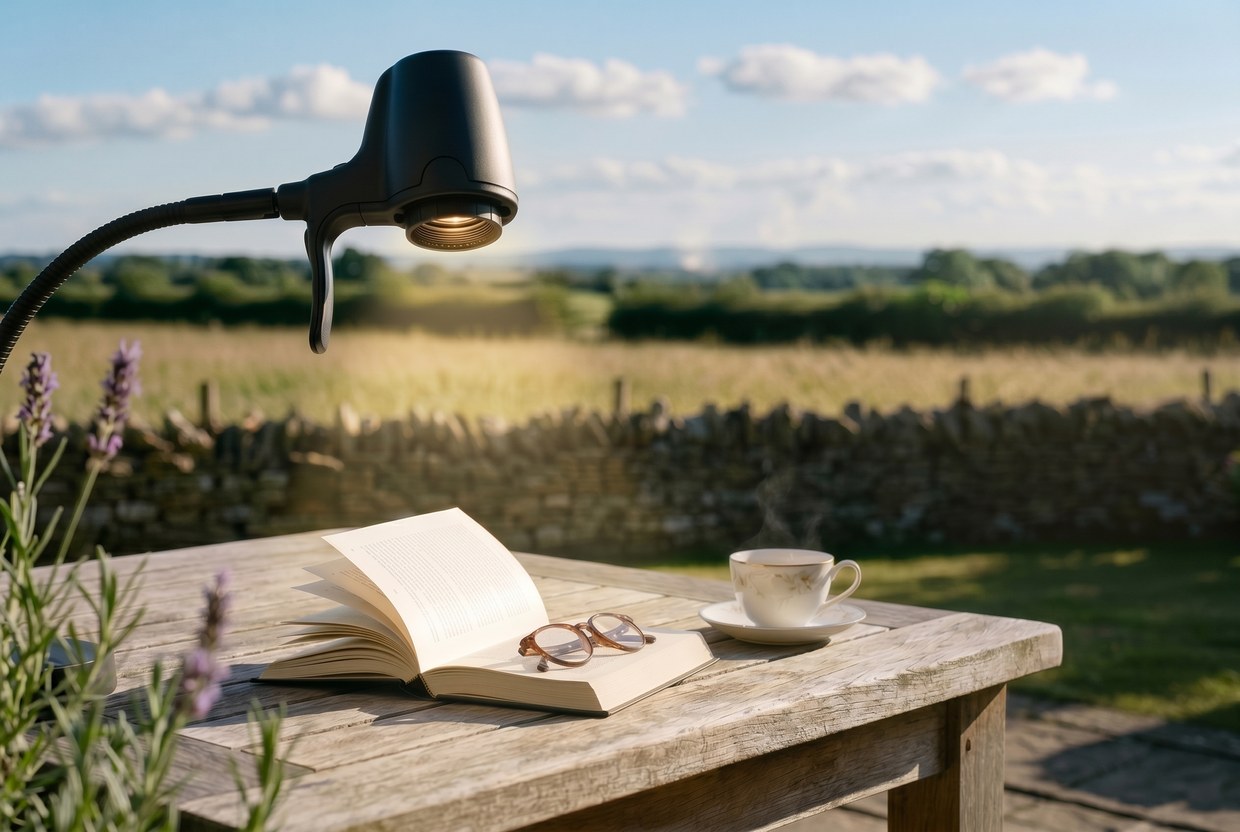 Good Weather Flash Sale. Offer ends when it rains. A Serious HD Light on a sun-flooded country table.