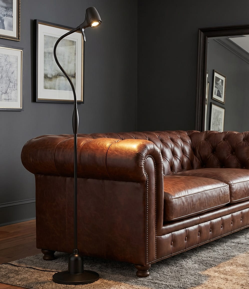 The HD Original Floor Light beside a leather sofa