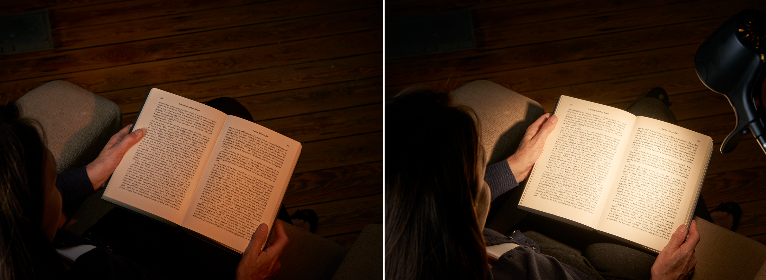 The same book in the same chair: dim and hard to read under an ordinary lamp on the left, bright and clear under a Serious Light on the right