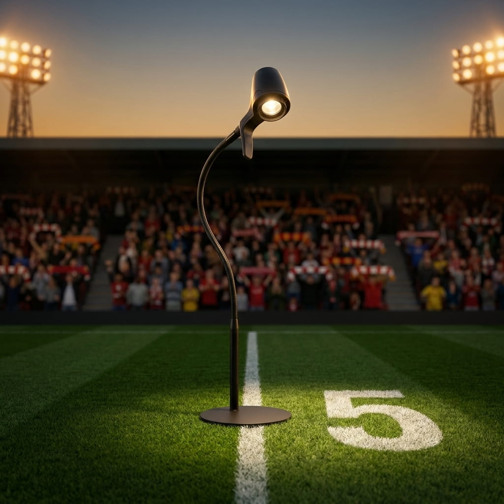 HD Original reading light on a floodlit pitch, the number 5 marked on the grass